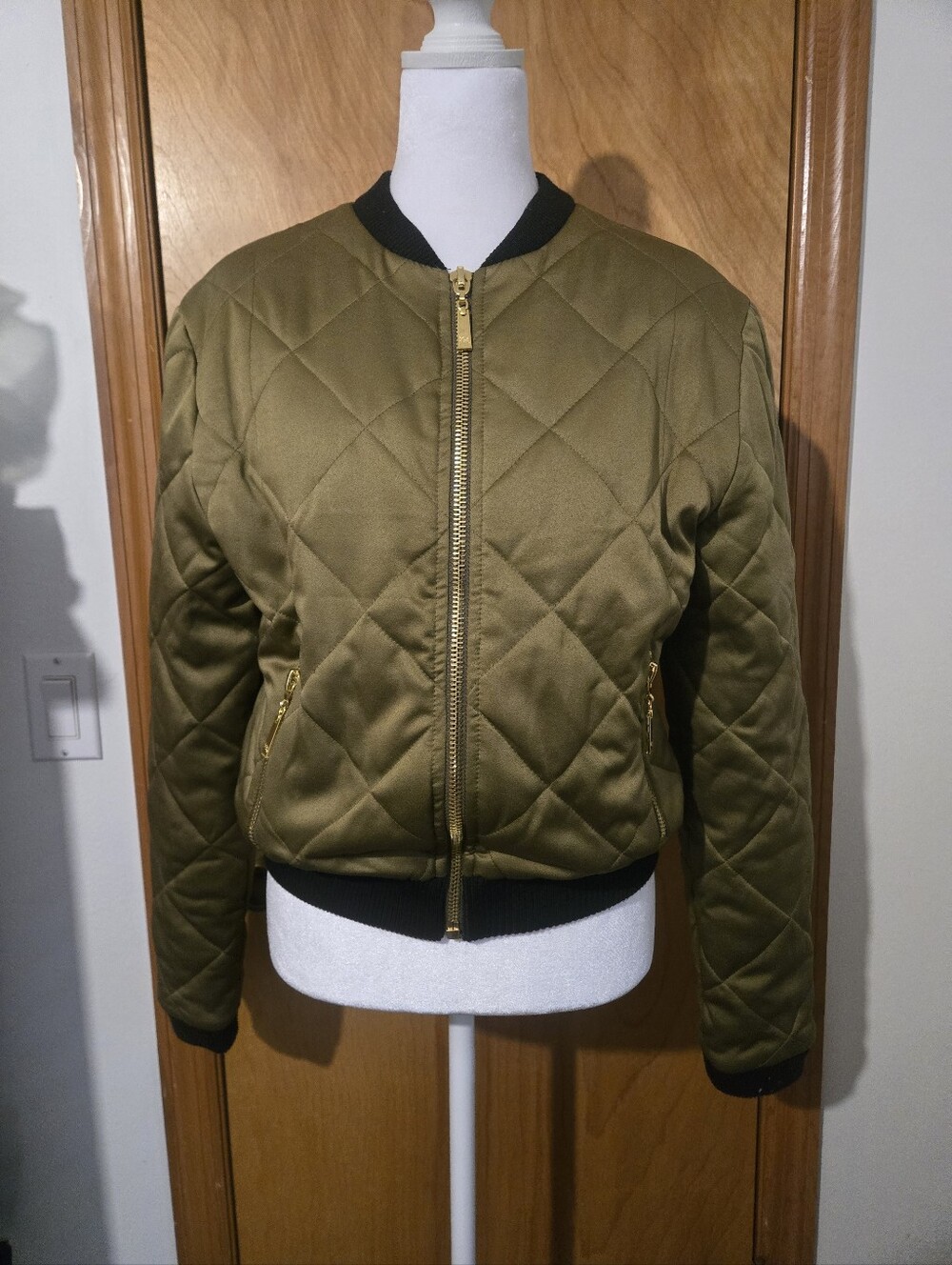 Olive Quilted Diamond-Stitch Bomber Jacket with Gold Hardware